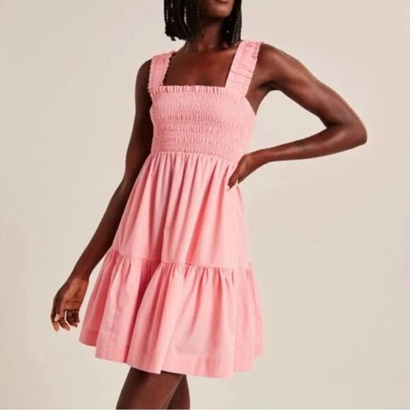Abercrombie & fitch pink tiered smock ruffle dress small tall new - Picture 1 of 7